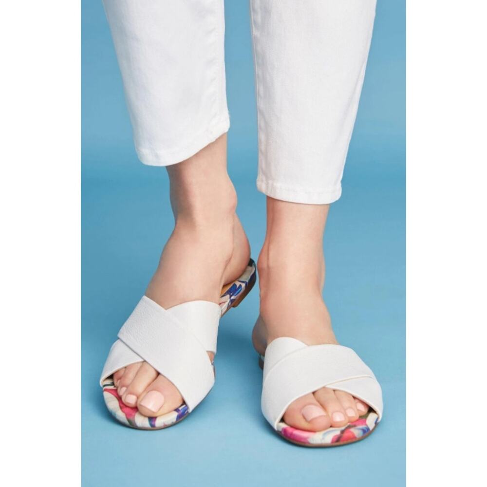 Anthropologie Vicenza Cross Band Slide Sandals White Leather Women's Size 8